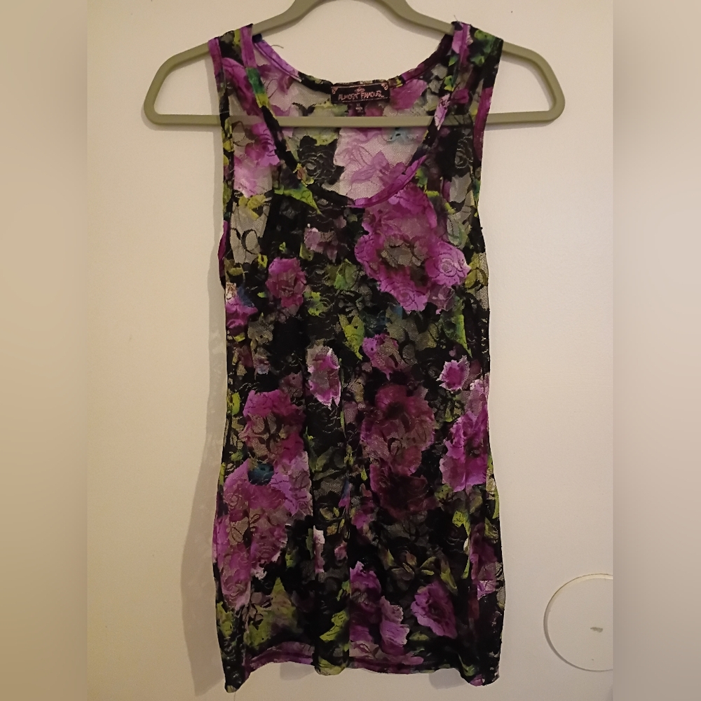 Almost Famous Women's Floral Tank Top - Purple and Black Sheer‎ Sz XL